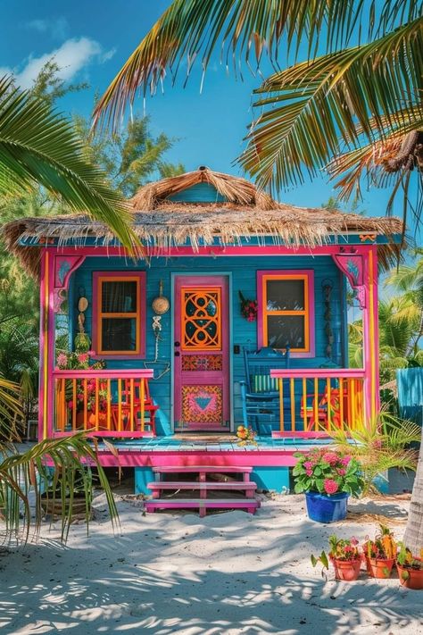 Colorful House, Dream Beach Houses, Beach Shack, Beach House Design, Dream Beach, Boho House, Cute House, Beach Hut, Beach Cottages