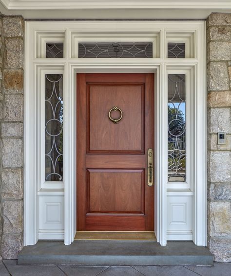 Front Door With Side Lights And Transom, Townhouse Front Door, Downtown Townhouse, Leaded Glass Front Door, Victorian Entryway, Front Door Sidelights, Apartment Front Doors, Franklin House, Victorian Front Door