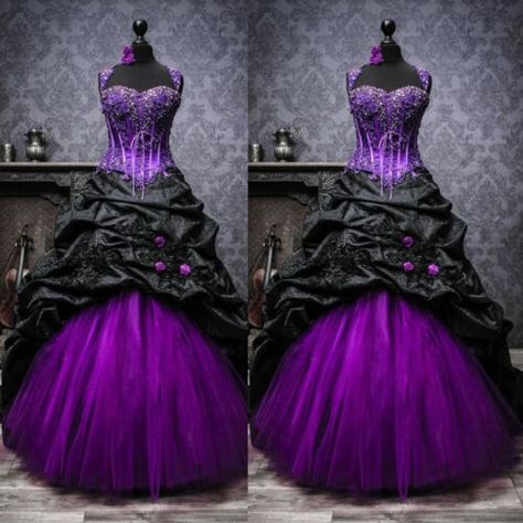 Purple Gothic Dress, Black And Purple Wedding, Gothic Wedding Dresses, Purple Wedding Ideas, Purple Gothic, Gothic Wedding Dress, Goth Look, Satin Tulle, Wedding Dresses Beaded