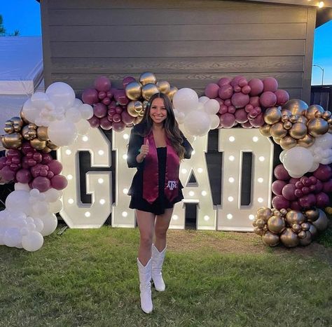 RnE Marquees✨ on Instagram: "🎓✨G R A D ✨🎓 • Go Aggies !! Thank you @jes.vrreal for booking us for your sisters graduation! Special thanks to @lovelycoyrentals for the referral and the beautiful balloon decor !! • Marquees - @r.n.e.marquees Balloon Garland - @lovelycoyrentals • DM to reserve our Marquees . Still have spots left for February ! • #marquee #marqueeletters #marqueenumbers #grad #graduation #college #aggies #texasaandm #balloons #balloongarland #houston #houstonevents #katy #kat Graduation Garden Party Ideas, Graduation Reception Ideas, Graduation Backdrop Ideas, Aggie Graduation Party, Colorful Graduation Party, 2026 Graduation, Grad Party Backdrop, Graduation Party Colors, College Graduation Decorations