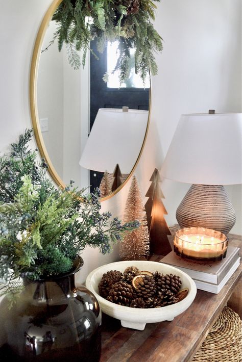 Entry Console Table Decor Modern, Christmas Decor For Sideboard, Sideboard Decor Christmas, Entry Table Christmas Decor Ideas Modern, Console Table Decor Christmas, Neutral Christmas Entryway Table Decor, Christmas Decorations For Entry Table, Entry Table Holiday Decor, Couch Table Christmas Decor