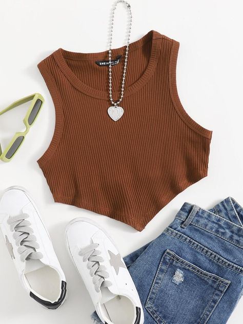 Knitted Crop Tank Top, Trendy Fashion Tops, Crop Top Outfits, Crop Tank Top, Top Tank, Coffee Brown, Girls Fashion Clothes, Knit Crop, Teenage Fashion Outfits