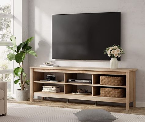 Wood TV Console Media Table with 6 Cubby Storage for Living Room Bedroom, 70'' White Oak.The 70 inch TV Cabinet is perfect for 75'' TV, of course, it is also suitable for 50'' 55”60'' 65'' 70''flat screens. Oak Entertainment Center, 75 Inch Tv, Wood Entertainment Center, Farmhouse Tv, Wood Tv Console, Simple Living Room Decor, Tv Stand Decor, Media Console Table, Tv Console Table