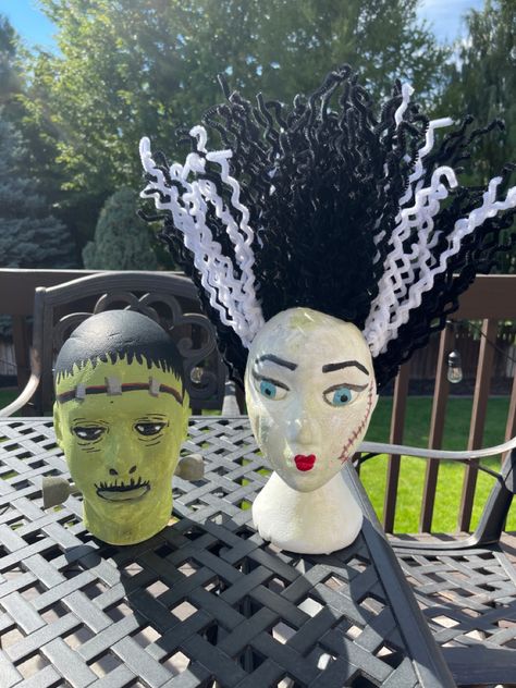 Frankenstein and his bride. Made of styrofoam heads. Frankenstein And His Bride, Styrofoam Heads, Styrofoam Head, Diy Bride, Bride Of Frankenstein, Mannequin Heads, Diy Brides, Frankenstein, Halloween