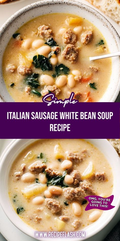 Savor the rich flavors of Italian Sausage White Bean Soup! Packed with protein from the beans and a kick from the sausage, this easy-to-make soup is perfect for weeknight dinners. Enjoy a bowl of warmth and comfort that will please the whole family. A must-try addition to your soup repertoire! Italian Sausage White Bean Soup, Sausage White Bean Soup, White Bean Sausage Soup, Italian Bean Soup, Sausage White Bean, Bean And Sausage Soup, Creamy White Beans, Italian Beans, Sausage Soup Recipes