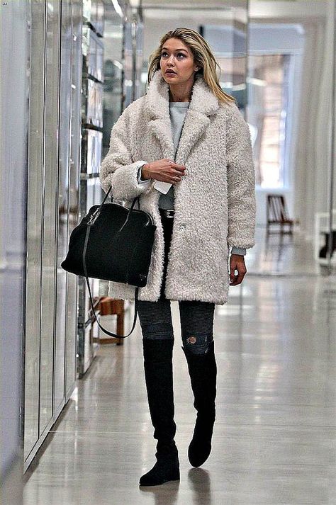 8 Stylish Ways To Wear A Teddy Coat This Winter White Teddy Coat Outfit, White Teddy Coat, Teddy Coat Outfit, Pijamas Women, Gigi Hadid Outfits, White Fur Coat, Gigi Hadid Style, Teddy Bear Coat, Coat Outfit