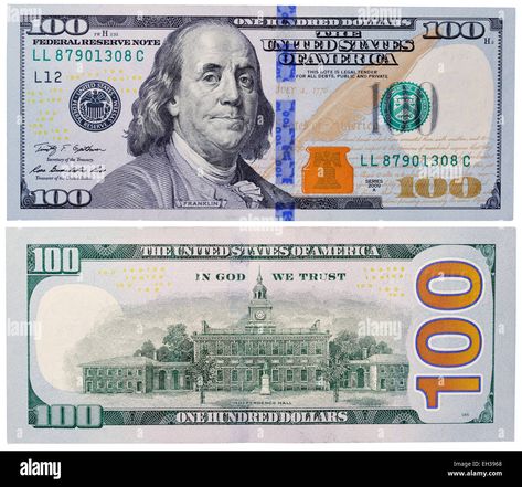 Download this stock image: 100 dollars banknote, Benjamin Franklin, Independence Hall, USA, 2009 - EH3968 from Alamy's library of millions of high resolution stock photos, illustrations and vectors. Fake Dollar Bill, Printable Play Money, Symbols Meaning, 100 Bill, Banknotes Money, Money Template, $100 Bill, Dollar Note, Dollar Banknote