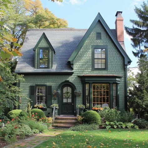 101+ Exterior House Colors Combinations & Best Paint Color Ideas • 333k+ Inspiring Lifestyle Ideas & Images Cypress Green House Exterior, Cedar Shake Siding Accent With Brick, Uk Home Exterior, Green Painted Brick House, Green Hardie Board House, Best House Paint Colors, Sage Green House Exterior, Pnw House, Colonial House Exterior