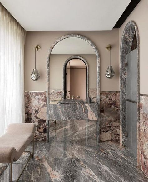 Marble Half Wall Bathroom, Moon Arch, Bathroom Cottage, Veined Marble, Bathroom Ensuite, Marble Arch, Marble Bath, Basin Design, Lobby Design