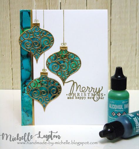 Handmade by Michelle: Challenge me a Christmas Card with Linda Trace Stamped Christmas Cards, Christmas Card Ornaments, Ornament Card, Hanging Craft, Alcohol Ink Crafts, Christmas Card Inspiration, Homemade Christmas Cards, Christmas Handmade, Christmas Card Crafts