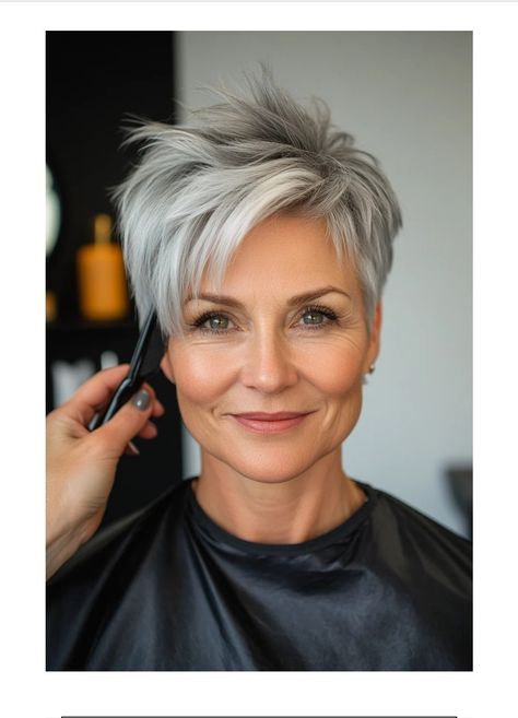 Womens Short Spiky Hairstyles, Short Choppy Grey Hair, Silver Hair Styles For Women, Short Pixie Grey Hair Over 50, Short Hair With Quiff Woman, Gray Streaked Hair, Color Tipped Hair, Gray Hair Short Over 50, Platinum Blonde Highlights And Lowlights Short Gray Hair