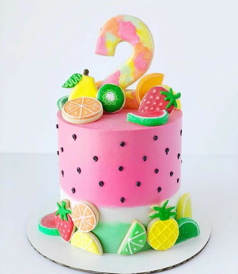 Twotti Fruity Birthday Cake Ideas, Fruit Themed Cake 2nd Birthday, Twotti Fruity Birthday Cake, Tutti Frutti Birthday Cake, Sleepover Cakes, Watermelon Cake Ideas, Fruit Party Theme, Twotti Fruitti, Watermelon Cakes