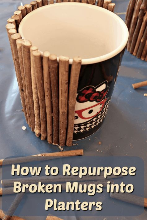 Wondering what to do with the old coffee cups stuck in the back of your cupboard? Here's an easy craft idea to repurpose broken mugs into cute planters. #reduce #reuse #recycle #upcycle #trashtotreasure Crafts Using Old Coffee Mugs, Repurposed Coffee Mugs, Old Mugs Repurpose, Broken Cups Diy Ideas, Broken Mug Craft, Upcycle Coffee Mugs, Upcycle Tea Cups, Diy With Broken Cups, Coffee Cup Crafts