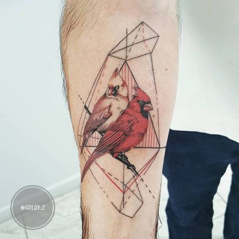 Cardinal couple with geometry Cardinal Bird Tattoos, Small Cardinal Tattoo, Robin Tattoo, Cardinal Couple, Cardinal Tattoo, Cardinal Tattoos, Patriotic Tattoos, Tattoo Couple, Ankle Tattoos For Women