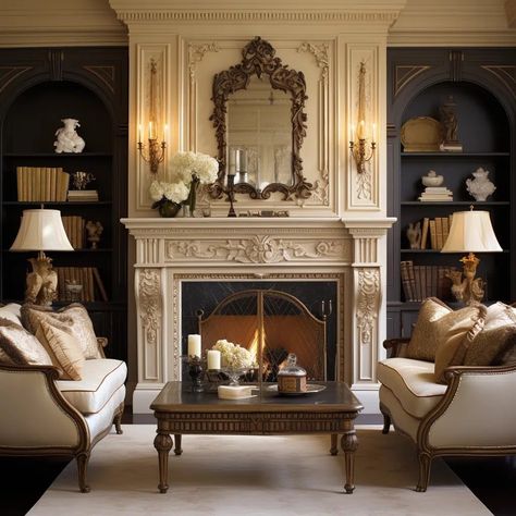 Bookshelf With Fireplace Built Ins, Ornate Fireplace Surround, Book Case Next To Fireplace, Traditional Fireplace With Built Ins, Arch Built In Shelves Fireplace, Fireplace Bookshelves Built In, Dark Academia Fireplace, Bookshelf Next To Fireplace, Luxury Fireplace Living Room