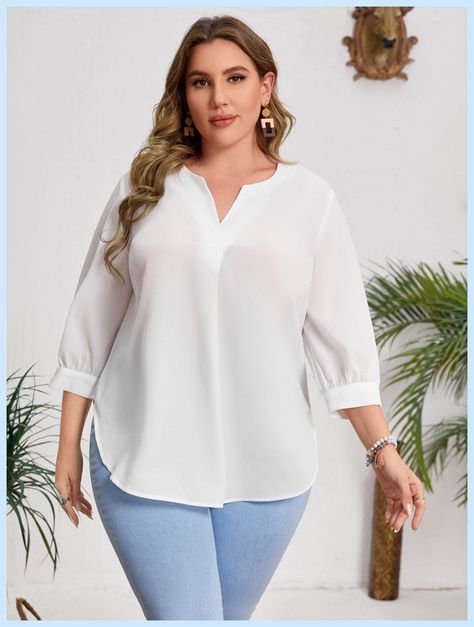 [Sponsored] White Casual Three Quarter Length Sleeve Polyester Plain Top Embellished Slight Stretch Spring/Summer Plus Size Tops #formaltopsforwomenblousesfashion Formal Tops For Women Blouses Fashion, Office Tops Blouses Work Wear, Fashion Tops Blouse Plus Size, Office Tops For Women, Formal Tops For Women, White Tops Outfit, Arabian Clothing, Boubou Styles For Women, Curved Hem Top