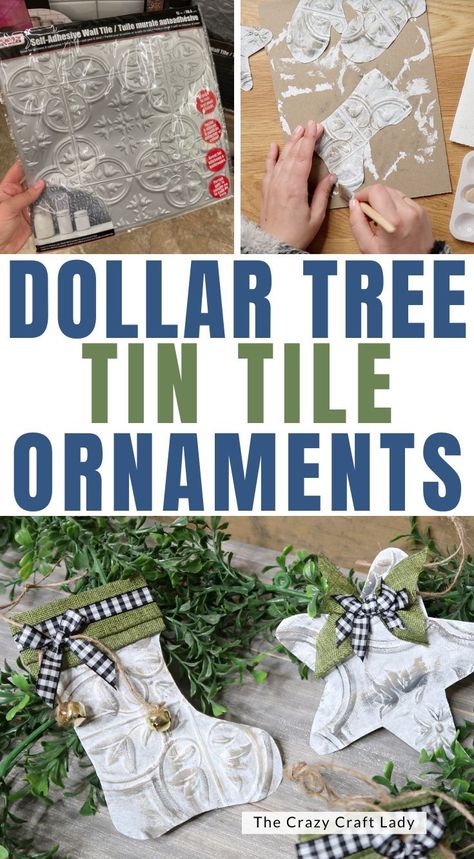 These Tin Tile Ornaments will add a touch of rustic charm to your Christmas Tree. Transform Dollar Tree faux tin wall tiles into beautiful ornaments in classic holiday shapes. Vintage Homemade Christmas Tree Ornaments, Christmas Crafts With Ornaments, Metal Ornaments Diy, Faux Tin Tile Crafts, Hand Made Christmas Ornaments, Dollar Tree Tin Tile, Dollar Tree Tin Tile Crafts, Simple Diy Christmas Ornaments, Dollar Tree Faux Tin Tile Crafts