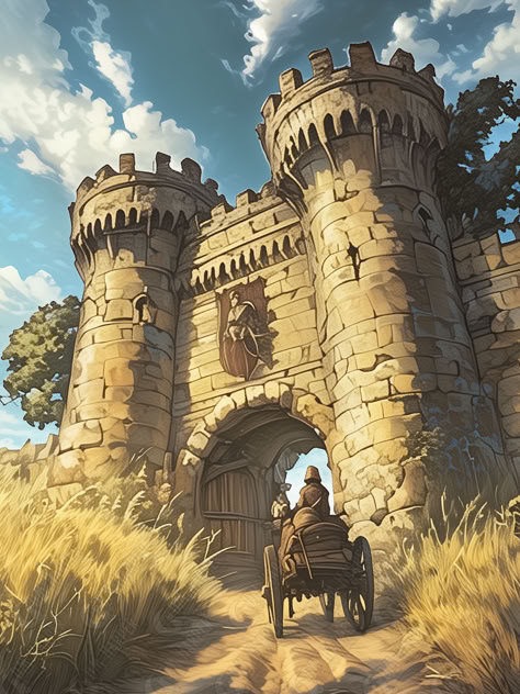 The Northfurrow trail ends before a magnificent stone gatehouse. Goldenfields, Storm Kings Thunder Storm Kings Thunder, Storm King, Medieval Village, Dnd Maps, Dnd Ideas, Cool Places, Castle, Stone, Quick Saves