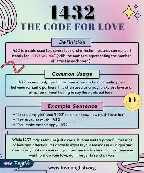 1432 Meaning: The Secret Code For Saying "I Love You Too" - Love English Code Meaning Love, Code Words For I Love You, Secret Codes To Say I Love You, Secret Codes With Meaning, Love Code, Code Meaning, I Love You Too, Coded Message, Love You Too