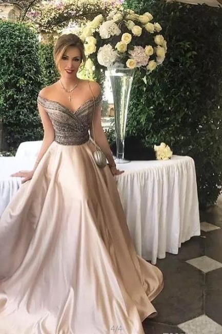 Off The Shoulder Prom Dresses, Prom Dresses A Line, Dresses Boutique, Dresses A Line, Satin Ball Gown, Beaded Bodice, Gown Prom, فستان سهرة, Beauty Dress