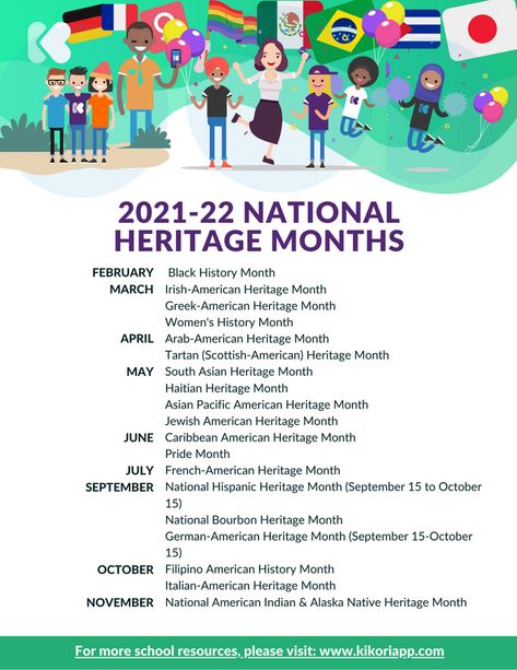 2021-22 School Appreciation Day & National Heritage Month Calendar Hispanic Heritage Month Bulletin Board, Italian Heritage Month, School Wide Themes, Activity Planner, Fun Team Building Activities, Make Every Day Count, Homeschool Holidays, Week Calendar, Compassion Fatigue