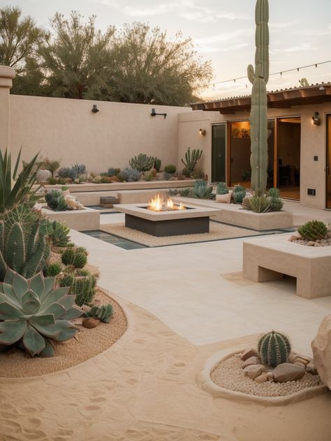 Small Desert Garden Ideas, Small Backyard Desert Landscaping, Desert Design Ideas, Arizona Landscaping Ideas Backyard, Desert Oasis Backyard, Desert Backyard Ideas, Cactus Garden Outdoor, Desert Garden Landscaping, Sand Backyard