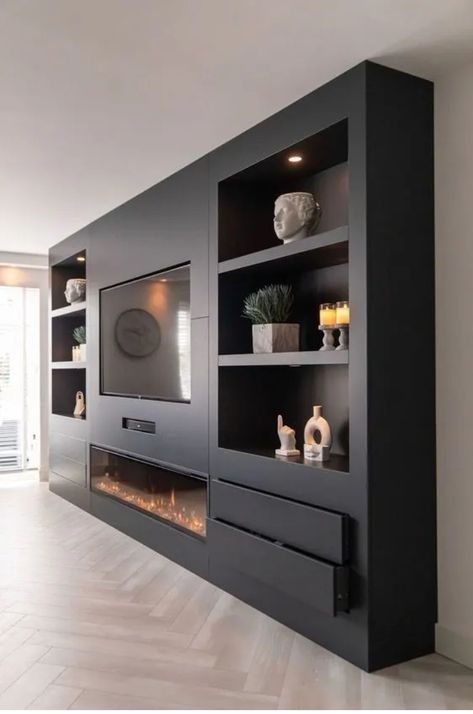 Media Wall Ideas, Wall Units With Fireplace, Tv Kastenwanden, Bedroom Tv Wall, Feature Wall Living Room, Fireplace Tv Wall, Living Wall Decor, Shag Haircuts, Short Shag