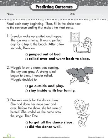 Predicting Outcomes Worksheets: Story Comprehension: How Does It End? Predicting Activities, How To Begin A Story, Making Predictions, School Site, English Worksheet, English Grammar Worksheets, 2nd Grade Worksheets, Reading Comprehension Skills, Comprehension Skills