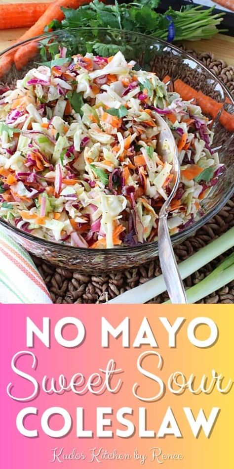 No Mayo Coleslaw Recipe, Sweet And Sour Coleslaw Recipe, Coleslaw Without Mayo, Summer Coleslaw, Bbq Side Dish Recipes, Cold Side Dishes, Cookout Side Dishes, Keto Sides, Bbq Side