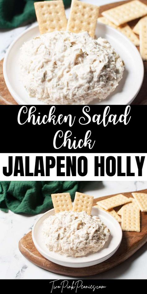 Text that says Chicken Salad Chick Jalapeno Holly above and below the text are images of chicken salad on a plate with crackers in it. Chicken Salad Chick Jalapeno Holly, Jalapeno Holly Chicken Salad, Chicken Salad Chick Recipe Copycat, Copycat Chicken Salad Chick, Copycat Chicken Salad, Chicken Salad Chick Recipe, Chicken Salad Chick, Chicke Recipes, Chicken Salad Recipe Easy