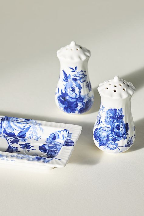 Discover the entire Abi Dinnerware Collection by AnthroLiving. Inspired by traditional Dutch Delftware and French toile fabrics, this salt and pepper shaker set boasts handpainted motifs of florals and bees, perfect for elevated everyday use and special occasions. | Abi Salt & Pepper Shakers by Anthropologie in Blue Blue White And Gold Kitchen Decor, Bee Salt And Pepper Shakers, French Blue Decor, Blue And White Kitchen Decor, Navy Kitchen, Prairie House, Blue Kitchen Decor, Anthropologie Home, Pretty Tea Cups