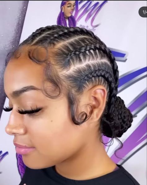 Short Quick Braided Hairstyles, Corn Row Braids Bun, 4 Straight Back Feed In Braids 2 Buns, Braid Back Bun, Canrows Going Back Natural Hair, Cornrow Braids Bun, Braids Going Back Into A Bun, Five Braids Hairstyle, Braids Into Buns For Black Women