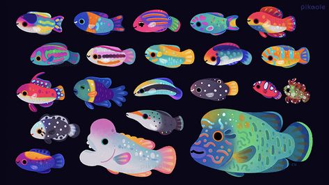 Wrasse! by pikaole on DeviantArt Kawaii Fish, Sea Creatures Art, Drawn Fish, Fish Drawings, Cute Animal Drawings Kawaii, Nature Drawing, Kawaii Animals, Dessin Adorable, Creature Concept