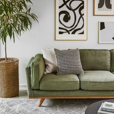 Article on Instagram: “Bring on the calm with the new Olio Green #TimberSofa. #GreenSofa #SoftSofa #LivingRoomDesign #CouchGoals #HyggeHome #CalmingHome” Green Sofa Inspiration, Olive Green Couches, Green Furniture Living Room, Green Couch Living Room, Green Sofa Living Room, Olive Sofa, Flat Decor, Green Couch, Living Room Design Inspiration