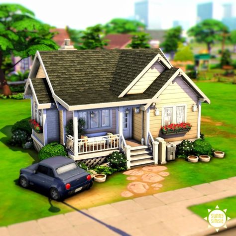 Sims 4 Houses Bungalow, Sims 4 Houses Starter Home, Sims 4 Starter Home Ideas, Cute Bungalow Homes, Sims 4 Willow Creek Small House, Starter House Layout Bloxburg, Willow Creek Starter House, 1 Story Sims House Layout, Sims 4 Small Starter Home