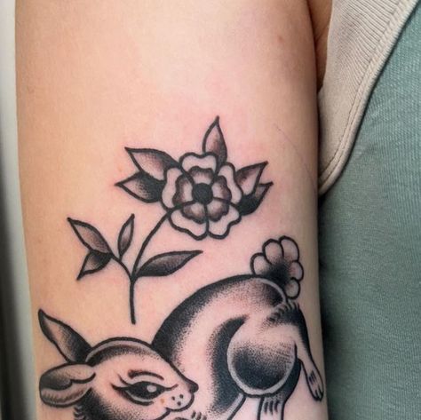 Traditional Rabbit Tattoo Design, Jack Rabbit Tattoo Traditional, American Traditional Bunny, Traditional Bunny Tattoo, Traditional Butterfly Tattoo, Rabbit Tattoo, Bunny Tattoos, Rabbit Tattoos, Jack Rabbit