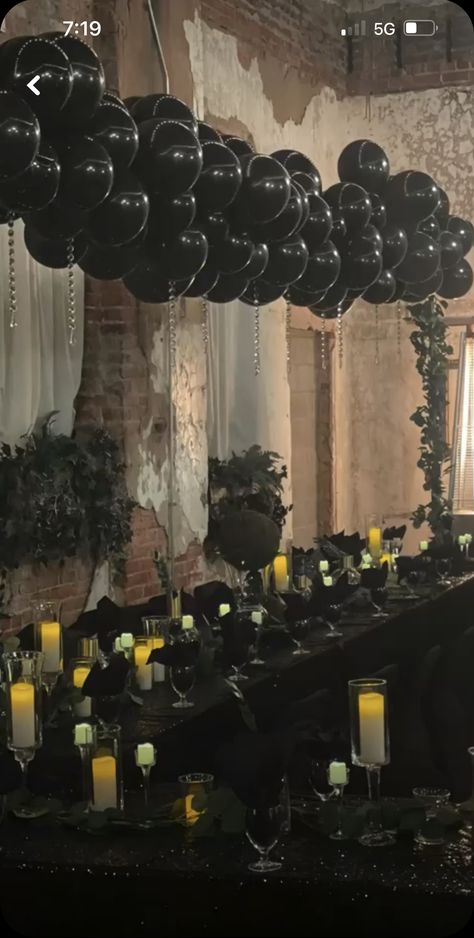 Goth Prom Decorations, Leather Party Theme, Black Tie Birthday Party Decoration, Goth Graduation Party, Balloon Decorations Ceiling, Goth Party Decor, Goth Party Decorations, Prom Dresses 2023 Black, Matric Ball Dresses Unique