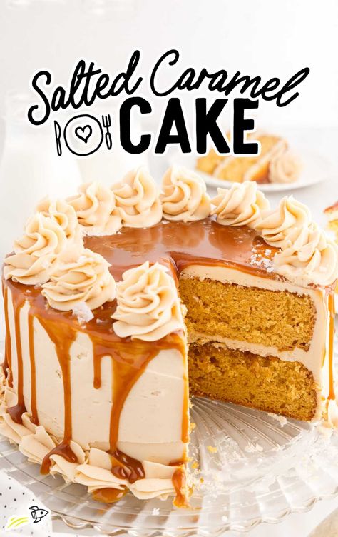 close up shot of a Salted Caramel Cake on a cake stand with a slice of cake missing Carmel Cake, Caramel Cake Recipe, Boxed Cake Mixes Recipes, Salted Caramel Cupcakes, Salted Caramel Cake, Pumpkin Bread Pudding, Caramel Icing, Gooey Caramel, Homemade Caramel Sauce