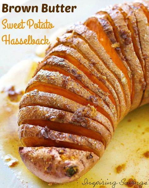 Have you tried Hasselback baking before/ This is a must try recipe Brown Butter & Maple Sweet Potato Hasselback Hasselback Sweet Potato Recipes, Sweet Potato Side Dishes For Steak, Sweet Potato Hasselback, Best Sweet Potato Recipe, Potato Hasselback, Potatoe Ideas, Hassleback Sweet Potatoes, Hasselback Sweet Potatoes, Maple Sweet Potatoes