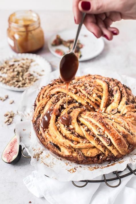 Fig, Caramel and Pecan Babka | Emma Duckworth Bakes Babka Bread Photography, Fig Babka, Babka Wreath, Pecan Babka, Babka Bread, Brioche Dough, Nutritional Yeast Recipes, Babka Recipe, Springform Pan Cake