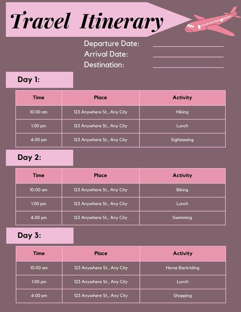 Stay organized and stress-free on your travels with our Printable Travel Itinerary Template! Perfect for any trip, this easy-to-use and customizable planner ensures you have all your travel details in one place. Key Features: Easy to Use: Simple, intuitive layout for effortless planning. Comprehensive Sections: Time, Place and Activity for each day of travel Editable and Customizable: Tailor the template to fit your specific travel needs. Instant Download: Get started right away - print or use i Family Vacation Itinerary Template, Itenary Travel, Itenerary Travel Design, Travel Itinerary Template Printable Free, Travel Itenary Template, Colorado Itinerary, Itinerary Template Free, Trip Itinerary Template, Trip Planning Template