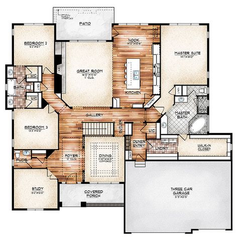 I love this plan!!!(The Durango model plan features a compelling foyer and gallery create a memorable entrance to this ranch-style home featuring graceful arches) Decor Studio, Ranch Style Home, Master Closet, Sims House, Dream House Plans, Ranch Style, The Plan, House Layouts, Barndominium