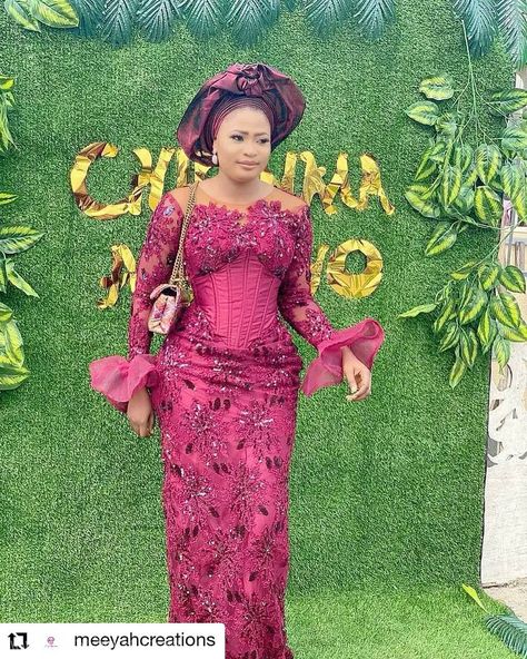 Long Sleeve Asoebi Lace Styles, Styles For Lace Gown Asoebi, Corset Ankara Dress, Iro And Buba Styles Lace, Ankara Corset Dress, Lace Asoebi Styles, Asoebi Lace Styles, Nigerian Dress, Dress Ankara