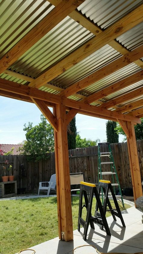 Covered patio Corrugated metal roof Covered Patio Design, Corrugated Metal Roof, Patio Deck Designs, Outdoor Patio Designs, Summer Patio, Backyard Pergola, Patio Roof, Corrugated Metal, Pergola Plans