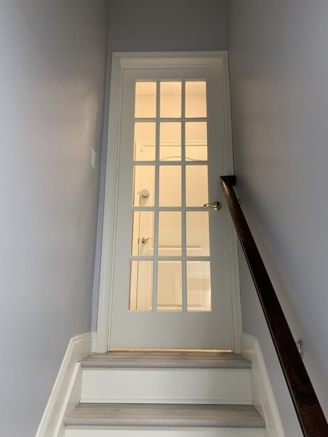 Stair Doors, French Doors With Sidelights, Basement Stair, Single French Door, Basement Doors, Top Of Stairs, Glass French Doors, Basement Stairs, Diy Home Furniture