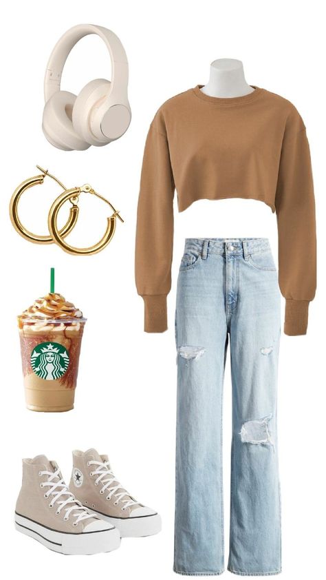 All you need is : a pair of light blue jeans , a brown top , headphones, converse , jewellery of your choice and you're ready to grab you coffe while being aesthetic Light Brown Converse, Brown Converse Outfit, Brown Top Outfit, Being Aesthetic, Light Blue Jeans Outfit, Light Brown Top, Autumn Outfit Inspo, Brown Converse, Blue Jean Outfits