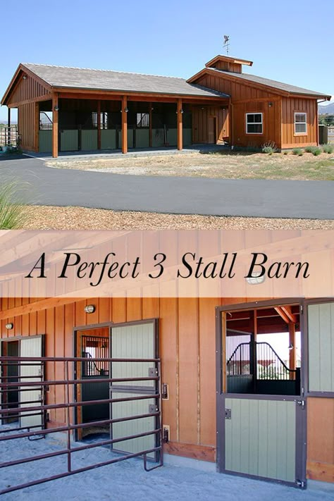 Three stalls with excellent function and design. Horse Stall With Paddock, New England Horse Farms, Horse Stall Runs, Stalls With Runs, Three Stall Horse Barn, Horse Stalls With Runs, Horse Barn With Living Quarters Upstairs, 2 Stall Horse Barn With Tack Room, 3 Stall Horse Barn Plans