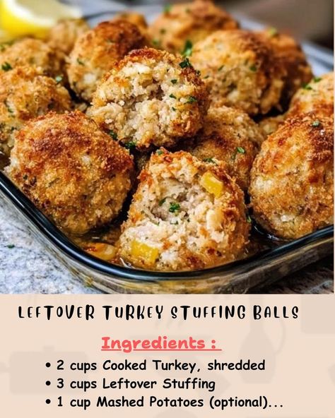 Ingredients: 2 cups Cooked Turkey, shredded 3 cups Leftover Stuffing 1 cup Mashed Potatoes (optional)... Leftover Turkey And Stuffing Balls, Leftover Turkey Balls, Leftover Turkey Casserole With Stuffing Mashed Potatoes, Leftover Turkey Stuffing Balls, Leftover Turkey And Stuffing Recipes, Leftover Stuffing Balls, Turkey Drumstick Recipe, Leftover Stuffing Recipes, Stuffing Leftovers