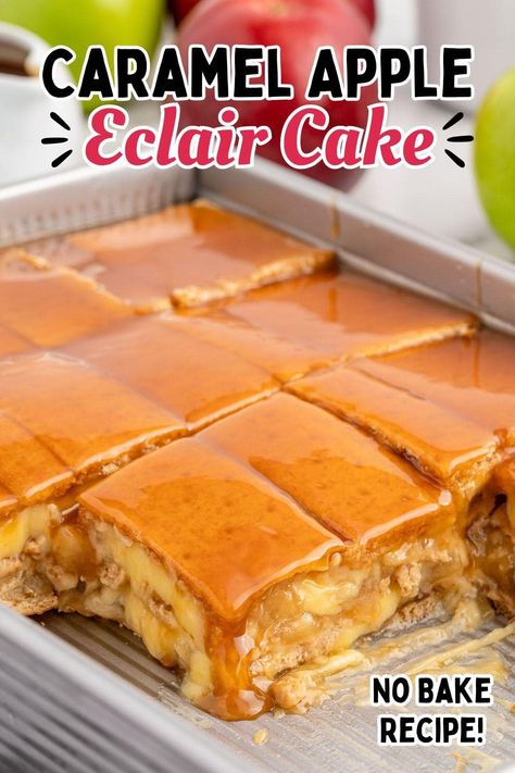 This no bake Caramel Apple Eclair Cake recipe couldn’t be any easier to make because it’s conveniently prepared with canned apple pie filling, packages of instant pudding, graham crackers, and caramel sundae topping. Carmel Apple Eclair Cake, Apple Eclair Cake, Apple Eclair, Eclair Cake Recipe, Canned Apple Pie, Caramel Sundae, Baked Caramel Apples, Caramel Apple Desserts, Sundae Toppings