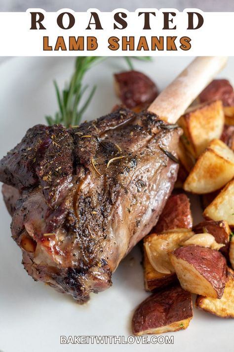 Roasted Lamb Shanks Roast Lamb Shanks, How To Cook Lamb Shanks Easy Recipes, Lamb Shank Recipes, Roast Lamb Shank Recipe, Lamb Risotto, Easy Lamb Shank Recipe, Lamb Shanks Oven, Roasted Lamb Shanks, Slow Roasted Lamb